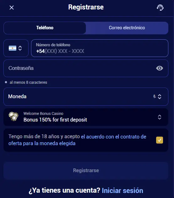Registrar una cuenta en Spinay Casino